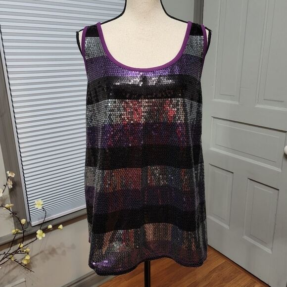 LANE Bryant Purple Silver Sequin Striped Tank Top - Picture 2 of 5